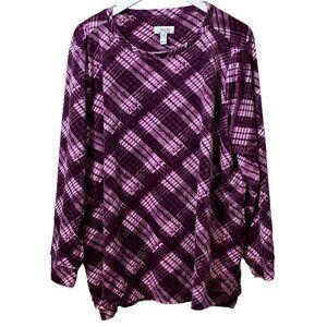 Denim & Co. Velour Top 2XP Plum Check Pullover Long Sleeve